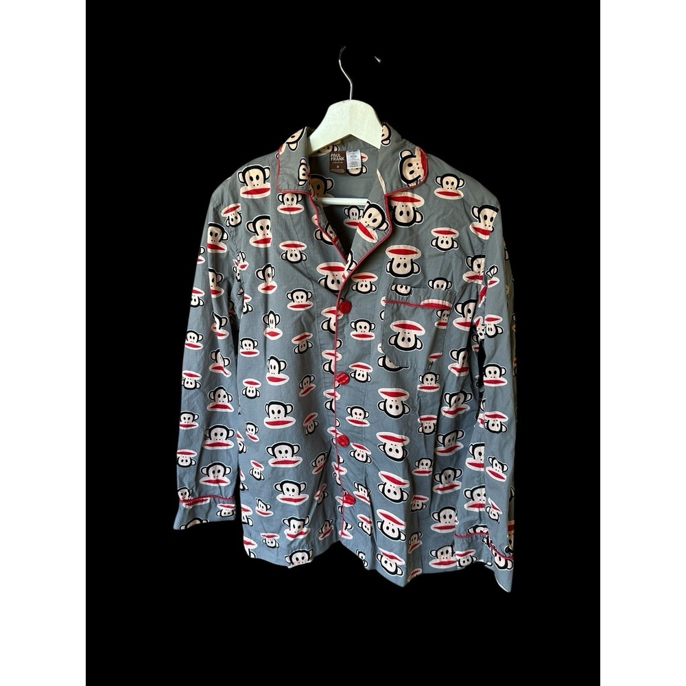 Vintage Y2K Paul Frank Graphic Pajama Sleep Wear Buttoned Top Sz Small Grey